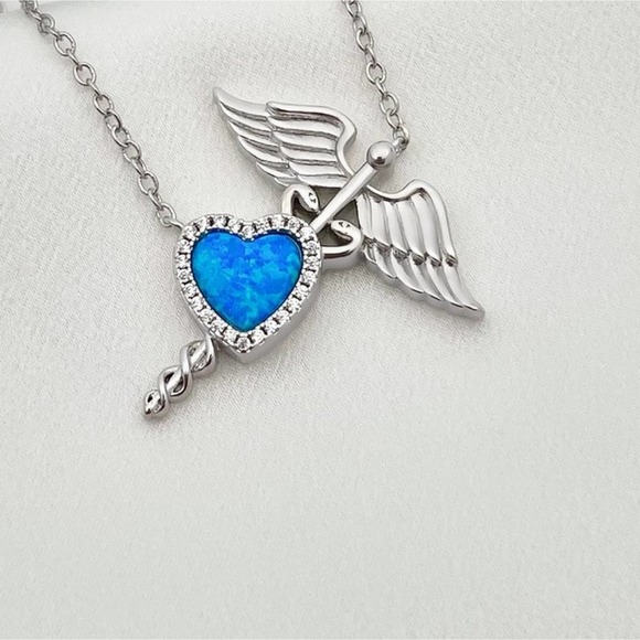 Jewelry - Opal Heart Caduceus Necklace NWT